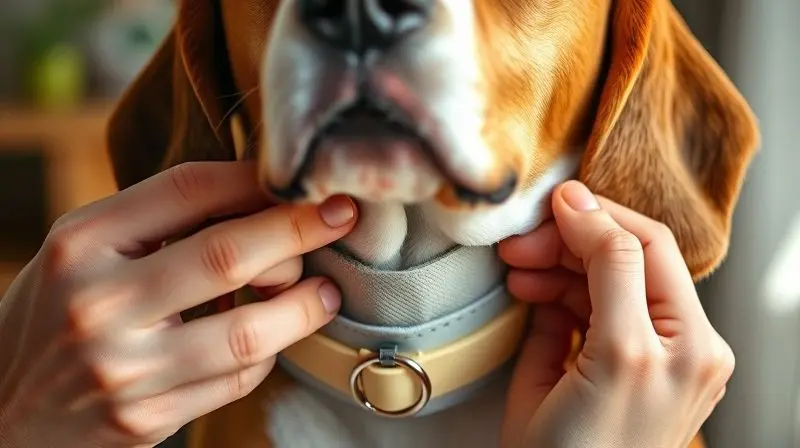Mãos ajustando uma coleira antipulgas no pescoço de um cão, com espaço de dois dedos para garantir o tamanho e ajuste correto e confortável.