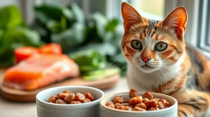 Gato saudável ao lado de uma tigela de ração úmida completa e balanceada, com ingredientes frescos ao fundo para ilustrar a importância da nutrição.