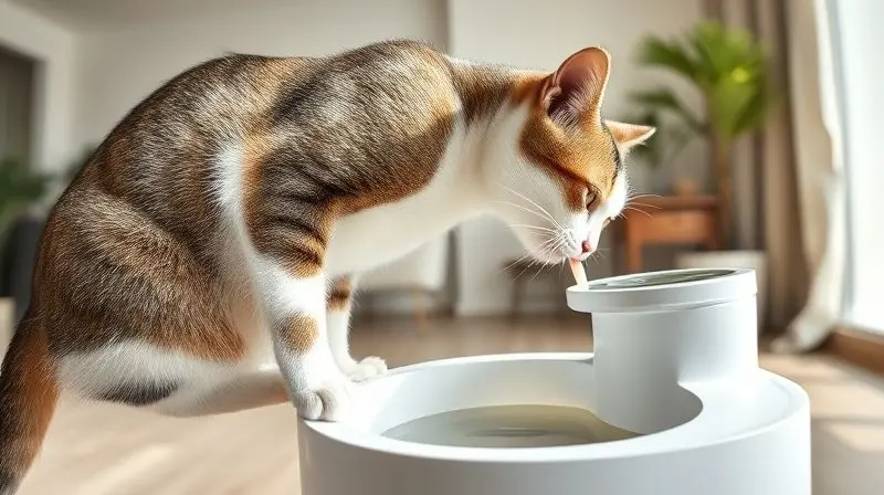 Gato bebendo água de uma fonte com altura ergonômica, mostrando a postura correta e confortável para a saúde do animal.