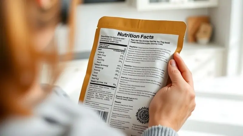 Pessoa analisando a composição e os ingredientes no verso de um sachê de ração úmida para garantir a qualidade nutricional do alimento.