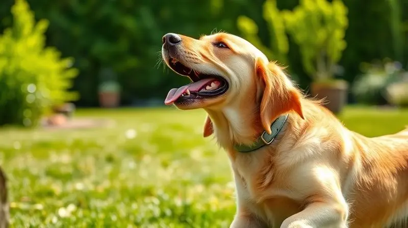Cão da raça Golden Retriever, saudável e feliz, corre na grama usando uma coleira antipulgas, demonstrando os benefícios de proteger seu pet.
