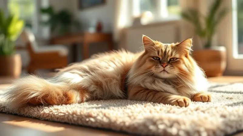 Gato de pelo longo saudável e brilhante relaxando feliz, demonstrando os benefícios da escovação regular.