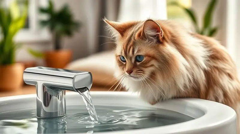 Gato saudável bebendo água fresca de um bebedouro fonte, ilustrando os benefícios de comprar um para o seu pet e incentivar a hidratação.