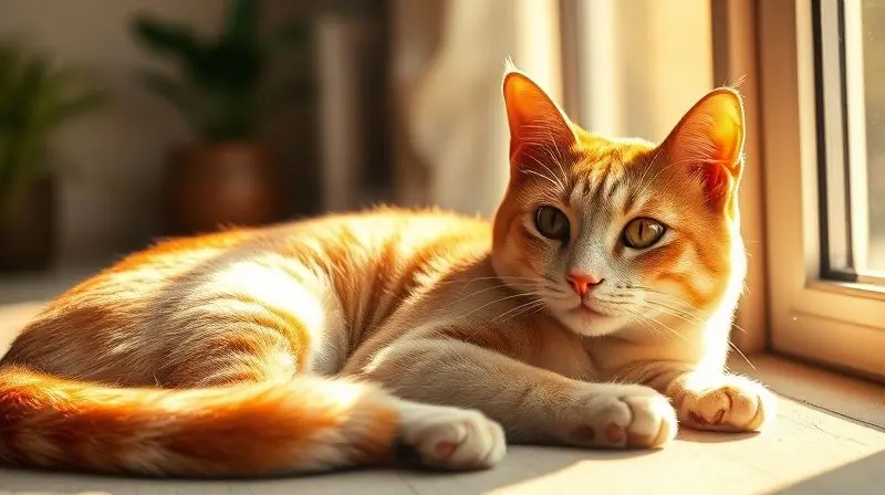 Gato saudável com pelo brilhante e olhos vivos, relaxando sob a luz do sol, exemplificando os benefícios de uma ração de qualidade.