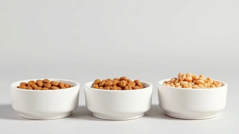 Três tigelas alinhadas com diferentes rações, ilustrando as categorias Super Premium, Premium e Standard para gatos filhotes.