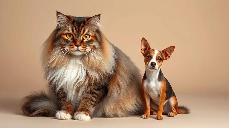 Um gato grande Maine Coon e um cão pequeno Jack Russell lado a lado, mostrando a importância de escolher a coleira para o porte e espécie corretos.