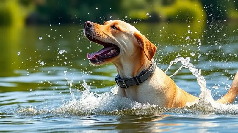 Cão Labrador retriever brincando na água e usando uma coleira antipulgas resistente à água, ideal para pets que se molham com frequência.