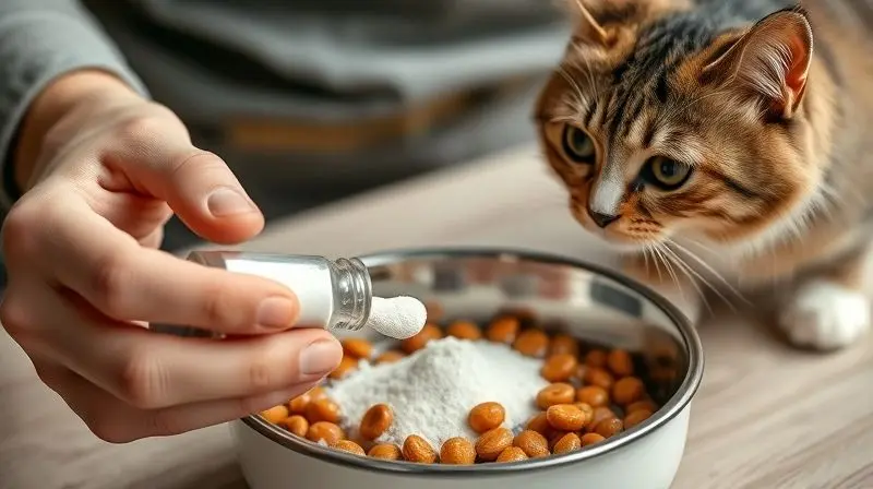Pessoa misturando probiótico em pó na ração de um gato, demonstrando o modo correto de administrar o suplemento para felinos.