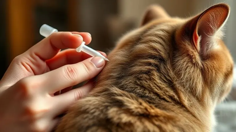 Pessoa aplicando vermífugo spot-on na nuca de um gato calmo, demonstrando o método de aplicação correto e sem estresse.