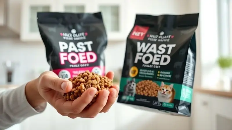 Pessoa analisando dois pacotes de ração especial para gatos, com foco nos ingredientes, para escolher a melhor opção gastrointestinal.