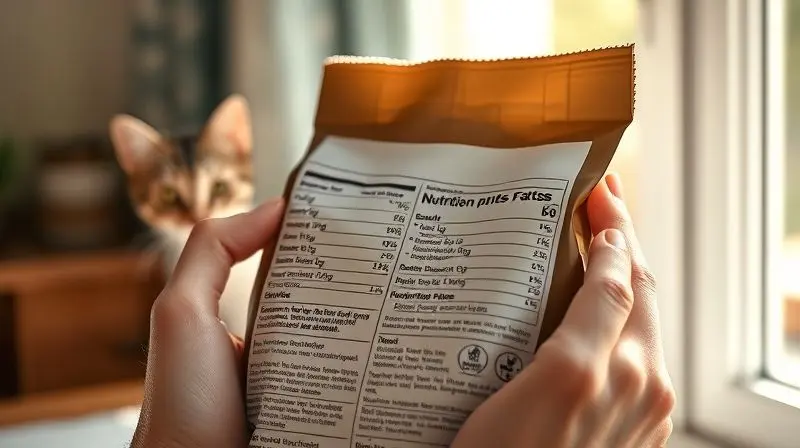 Pessoa lendo o rótulo de um pacote de ração para escolher a comida ideal para seu gato, que observa a cena com curiosidade ao fundo.