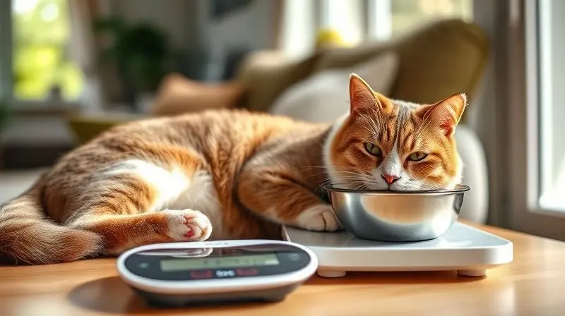 Gato castrado ao lado de uma tigela de comida sobre uma balança digital, ilustrando o controle do teor calórico na dieta felina.