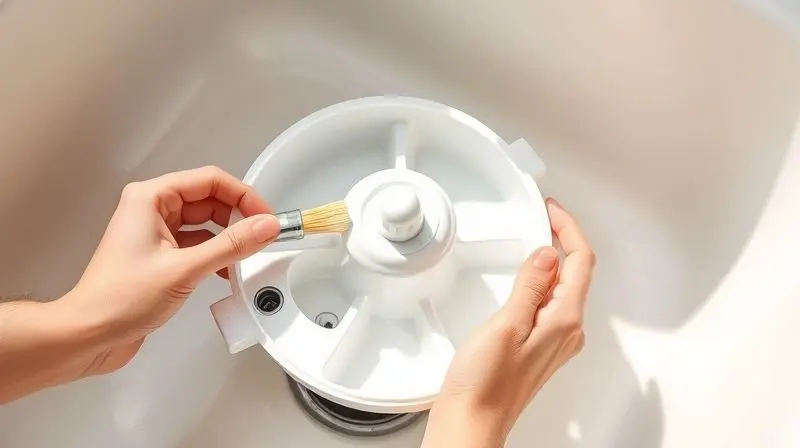 Pessoa realizando a limpeza e manutenção de um bebedouro para gatos, lavando as peças com uma escova em uma pia de cozinha.