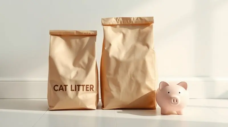 Duas embalagens de areia de gato de tamanhos diferentes ao lado de um cofrinho, simbolizando a análise de custo-benefício ao comprar o produto.
