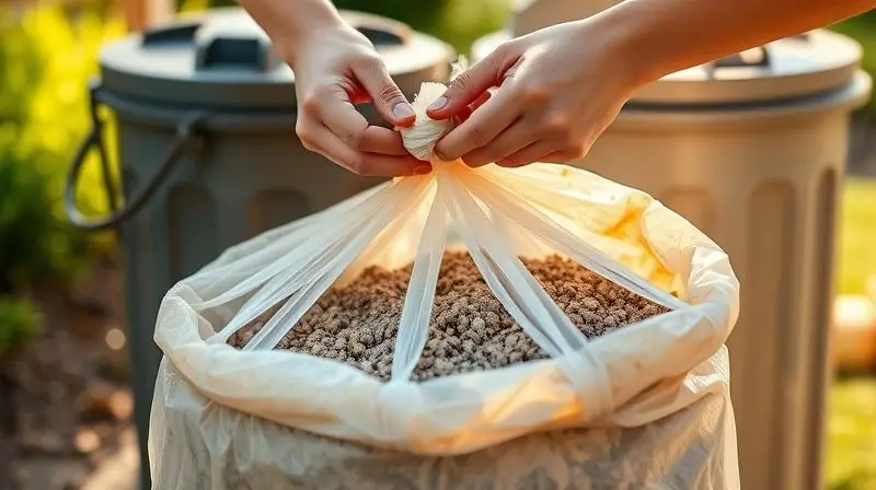 Mãos amarrando um saco de lixo biodegradável com areia de gato usada, ao lado de uma lixeira, demonstrando o descarte correto e higiênico.