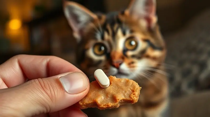 Mão de uma pessoa escondendo um comprimido de vermífugo dentro de um petisco para enganar um gato arisco a tomar o remédio.