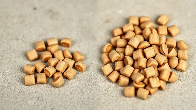 Comparativo em close-up do tamanho do grão de ração de filhote (menor) versus o grão de ração de gato adulto (maior).