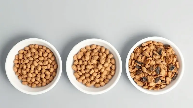 Comparativo visual de três tigelas de ração: Standard, Premium e Super Premium, mostrando a clara diferença na qualidade dos grãos.