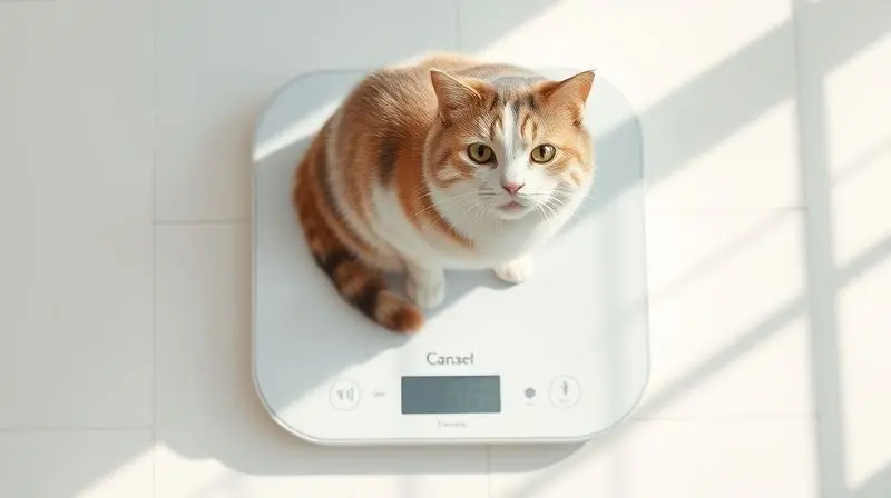 Um gato calmo sendo pesado em uma balança digital para garantir a dosagem correta do vermífugo, destacando a importância do peso.