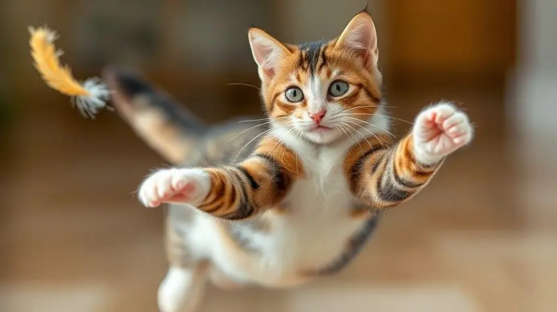 Gato cheio de energia e vitalidade pulando para pegar um brinquedo, representando os efeitos positivos que os probióticos podem trazer com o tempo.