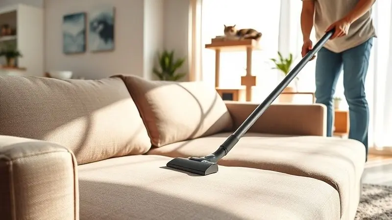 Pessoa aspirando um sofá para eliminar pulgas do ambiente, como parte do tratamento integrado contra infestações.