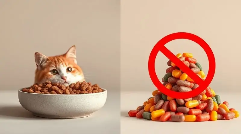 Comparativo visual entre ração úmida natural e alimentos com corantes artificiais, destacando a escolha por ingredientes saudáveis.