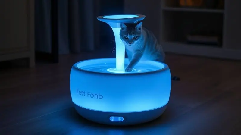 Fonte de água para gatos com iluminação LED azul suave brilhando em um ambiente com pouca luz, destacando recursos extras como sensores e luz noturna.