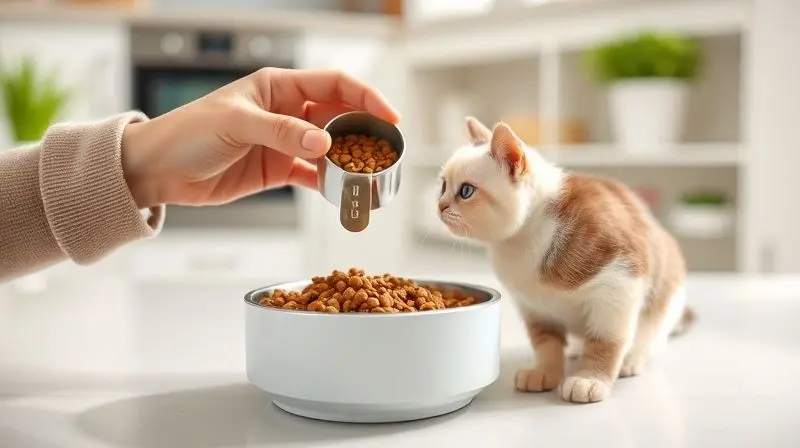 Pessoa medindo a porção exata de ração para gatos para garantir a alimentação na frequência e quantidade corretas para a saúde do pet.