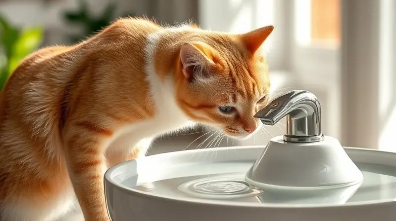 Gato de pelo longo bebendo água fresca de uma fonte de cerâmica moderna em um ambiente doméstico, ilustrando os benefícios de uma fonte para a saúde felina.