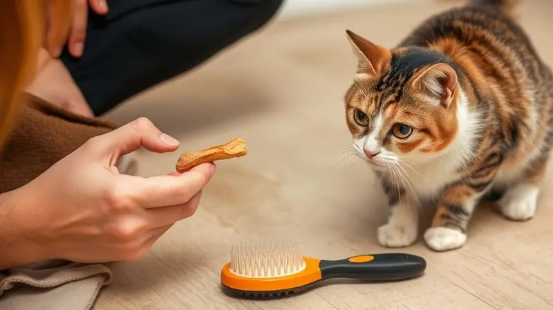 Pessoa oferecendo um petisco para um gato como reforço positivo antes de tentar escová-lo, com a escova ao lado.