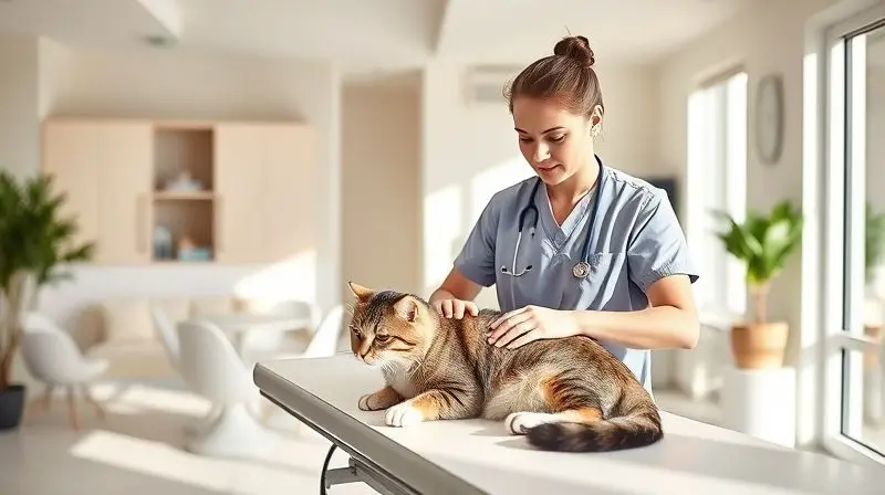 Veterinário examinando um gato em uma consulta para discutir a importância da dieta adequada para problemas urinários.
