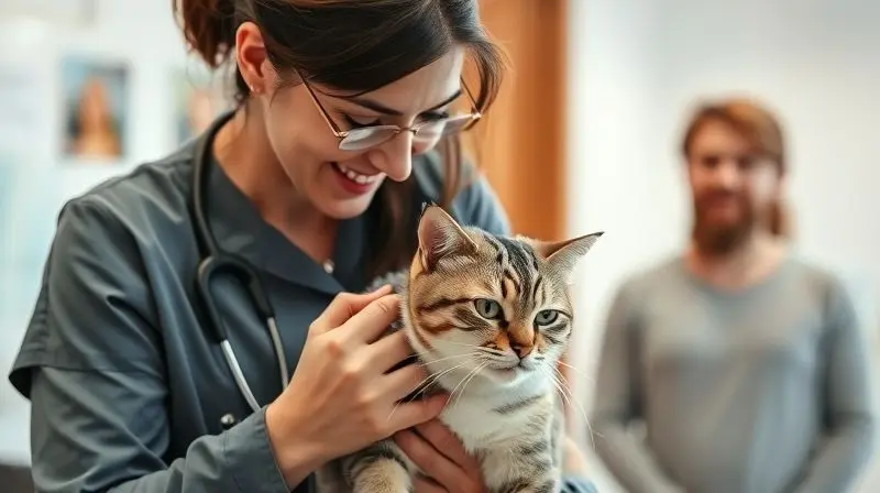 Veterinária examinando um gato com um estetoscópio em uma clínica, demonstrando a importância da consulta profissional para a saúde do pet.