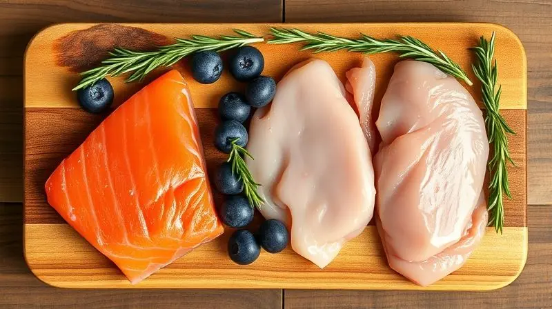 Ingredientes naturais e de alta qualidade usados em rações premium, como salmão, frango e frutas, sem corantes ou aromatizantes.