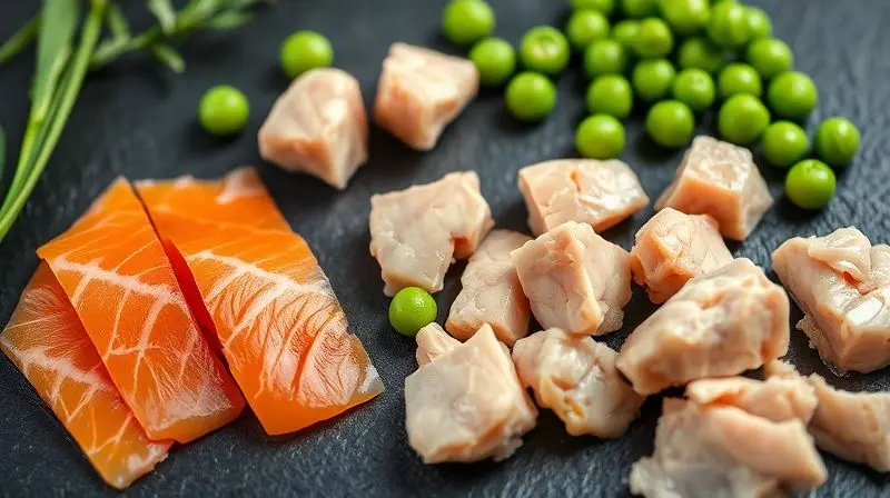 Ingredientes frescos e de alta qualidade, como salmão e frango, usados na composição de uma ração nutricional para gatos castrados.