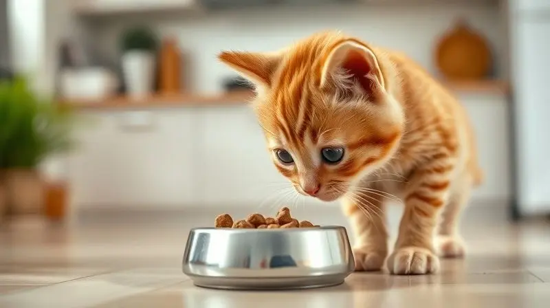Adorável gato filhote curioso se aproximando de uma tigela de ração pela primeira vez, ilustrando a introdução alimentar.