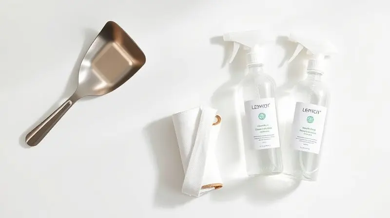 Itens essenciais para a limpeza da caixa de areia: uma pá, sacos de lixo e um spray de limpeza, organizados em uma superfície limpa.