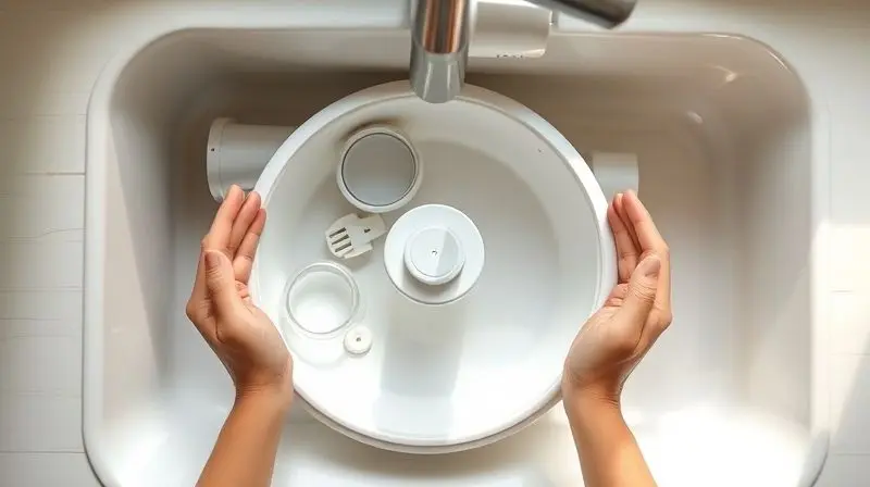 Uma pessoa realizando a limpeza de uma fonte de água para gatos, com as peças desmontadas em uma pia, demonstrando a facilidade de manutenção e higiene.