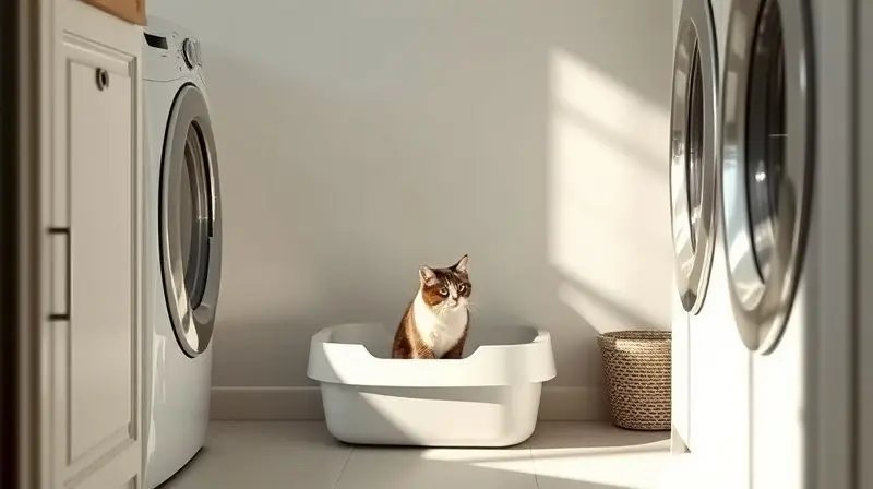 Exemplo de local ideal para a caixa de areia: um canto tranquilo e discreto, longe de áreas movimentadas e da comida do gato.
