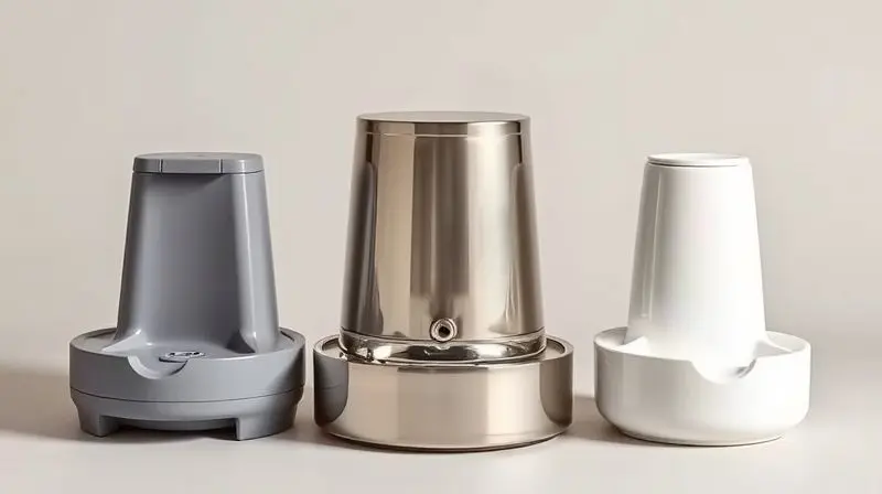 Comparativo dos três principais materiais de bebedouro para gatos: plástico, aço inoxidável e cerâmica, exibidos lado a lado.