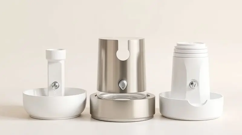 Comparativo visual de três fontes de água para gatos lado a lado, mostrando os diferentes materiais: cerâmica branca, aço inox escovado e plástico de alta qualidade.