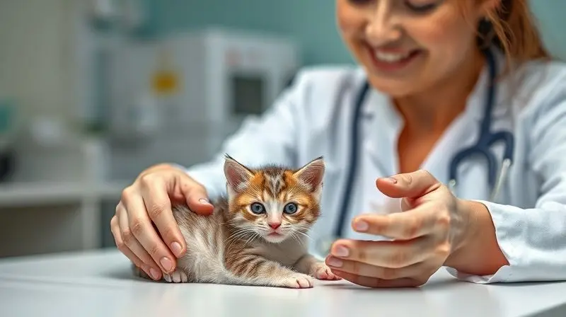 Veterinário examinando um gato filhote com cuidado para determinar o tratamento antipulgas mais seguro e eficaz.