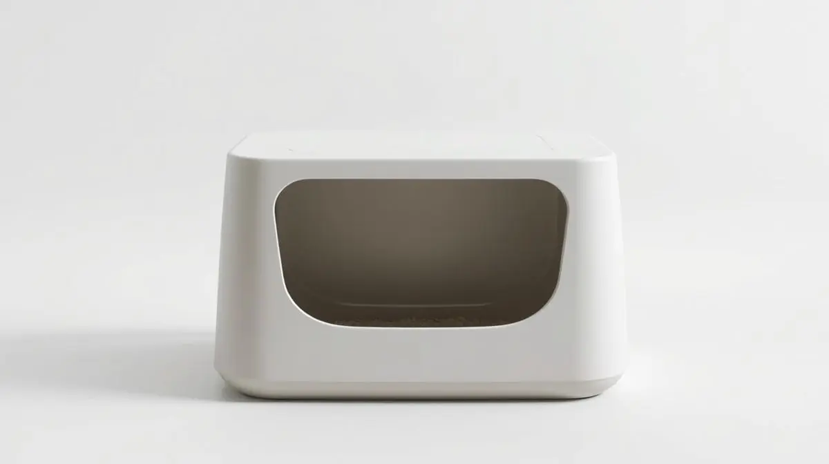 Uma moderna e elegante caixa de areia para gatos, sem marca e com design minimalista, em um fundo neutro, representando as melhores opções do mercado.