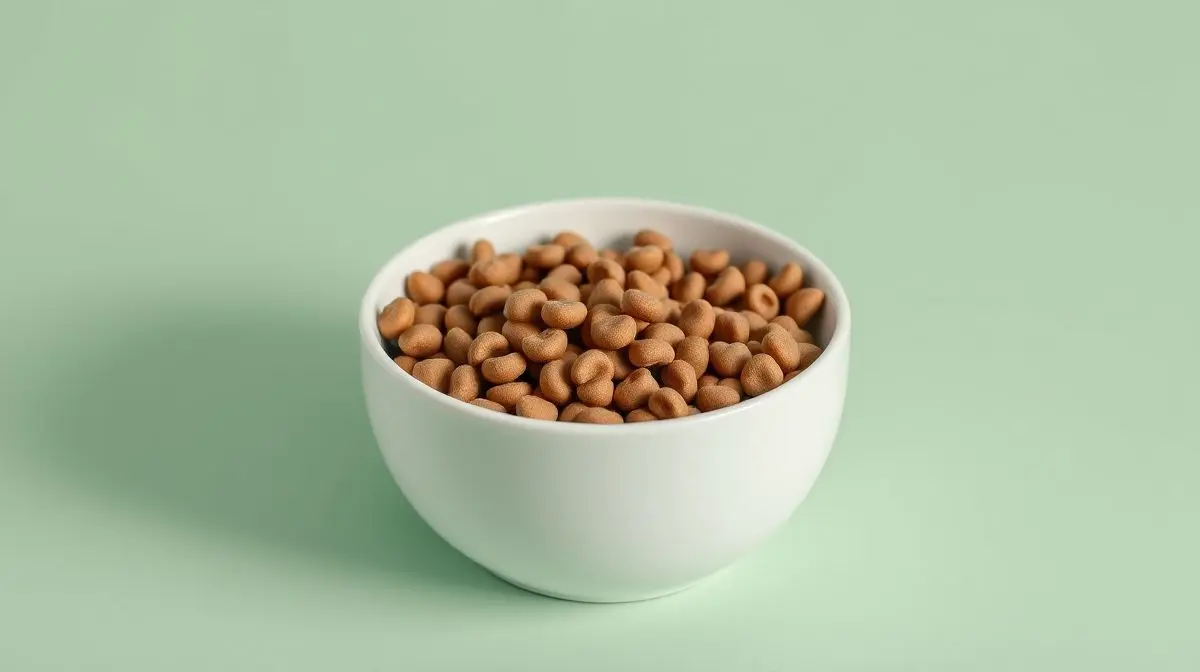 Uma tigela de cerâmica branca com ração gastrointestinal para gatos, destacando o alimento especializado para a saúde digestiva felina em um fundo limpo.