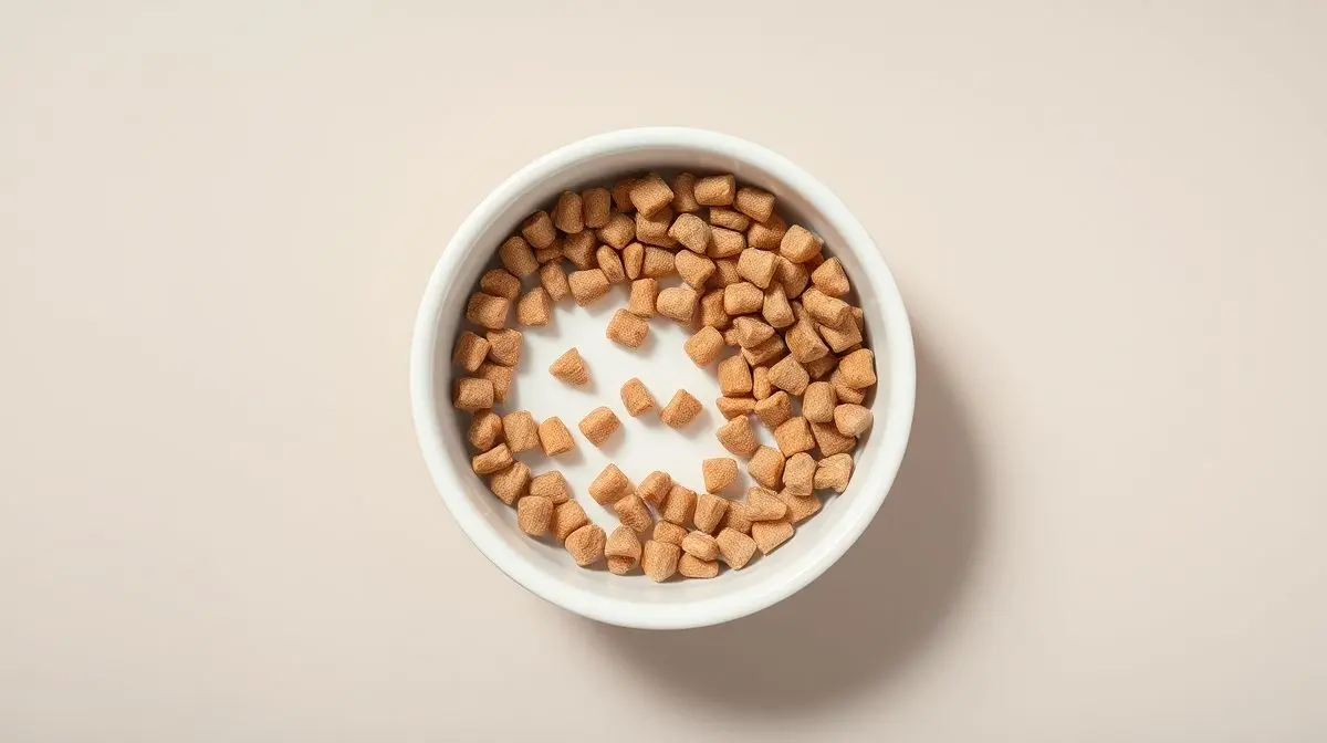 Tigela de cerâmica moderna com a melhor ração para gatos filhotes, destacando os pequenos grãos nutritivos em um fundo limpo e neutro.