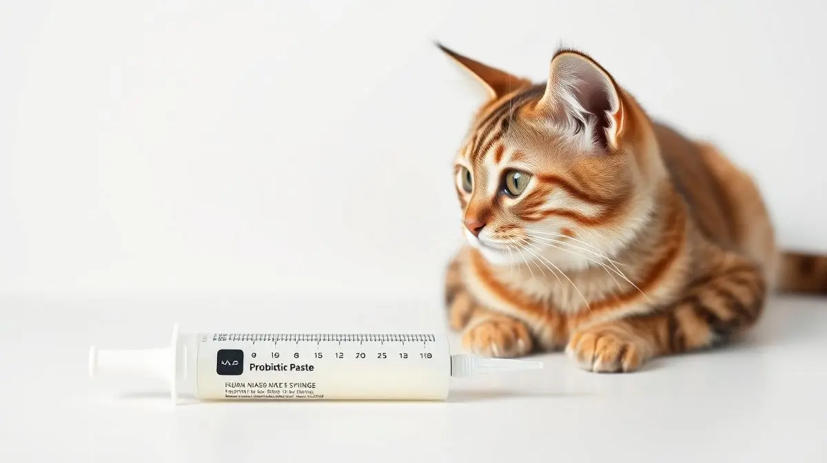 Um gato saudável olhando com curiosidade para um probiótico em pasta, representando os melhores probióticos para a saúde intestinal felina.