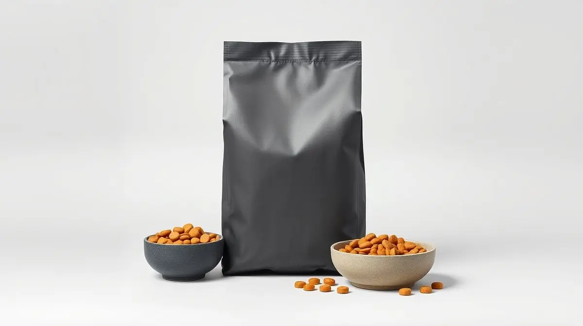 Saco de ração super premium e comedouro com grãos ao lado, representando as melhores rações para gatos disponíveis no mercado.