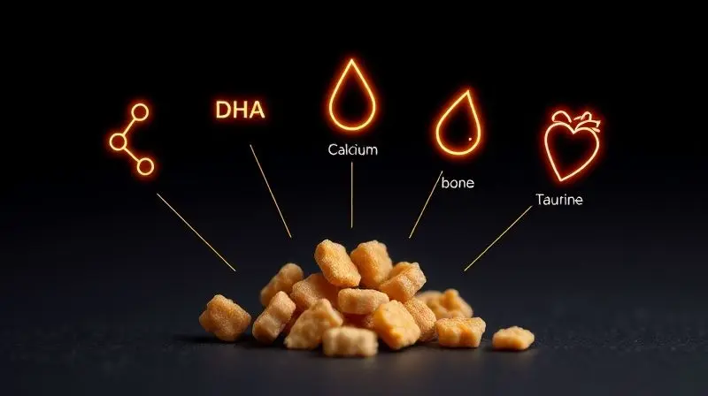Grão de ração com ícones de nutrientes essenciais flutuando ao redor, como proteína e DHA, para a saúde do gato filhote.