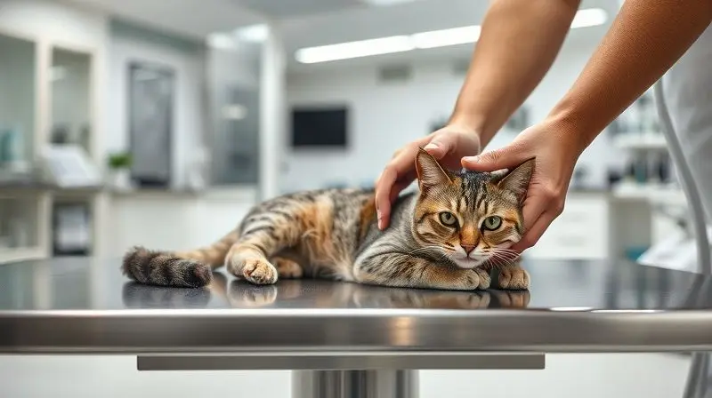 Veterinário examinando um gato em uma clínica, indicando a necessidade de consulta profissional para ração hipoalergênica.
