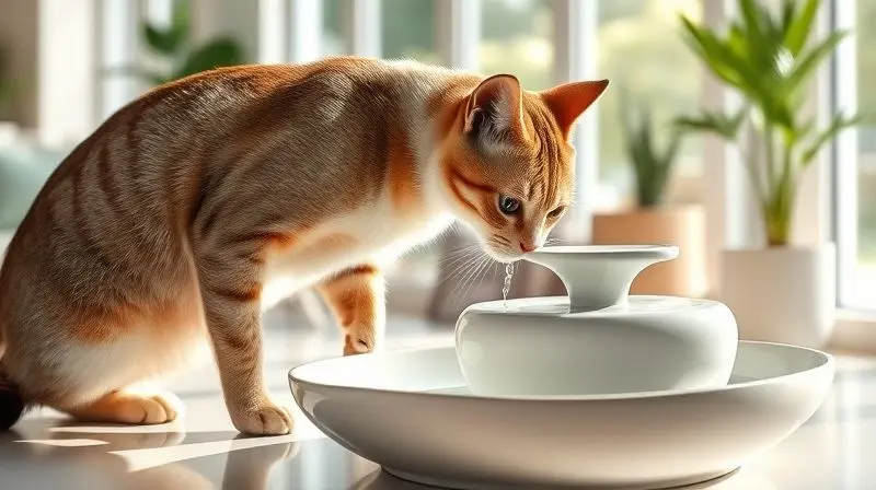 Gato saudável bebendo água de uma fonte de cerâmica, demonstrando a importância da hidratação para prevenir problemas urinários.
