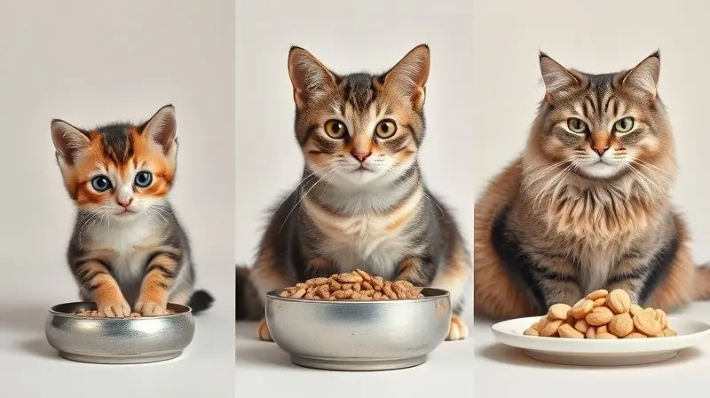 Três gatos em diferentes fases da vida (filhote, adulto e sênior), cada um com sua ração específica, ilustrando a necessidade de nutrição adequada.